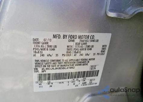 2013 Lincoln Mkx из США, поврежденный, VIN 2LMDJ6JK8DBL41992